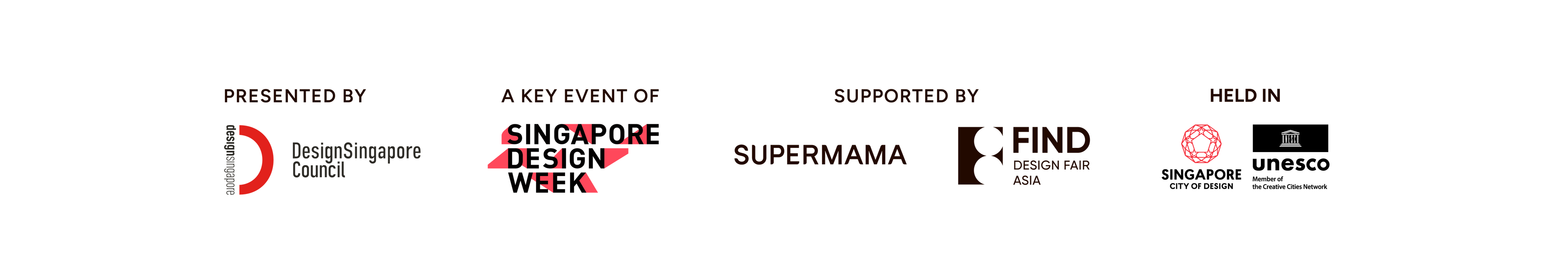 Logos of various organisations supporting a key event of Singapore Design Week.